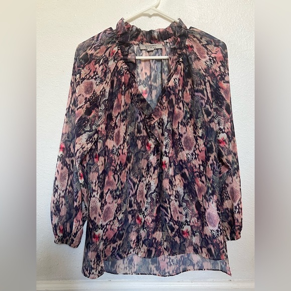 All saints mauve snake patterned ruffle neck blouse size 6 - Picture 1 of 9